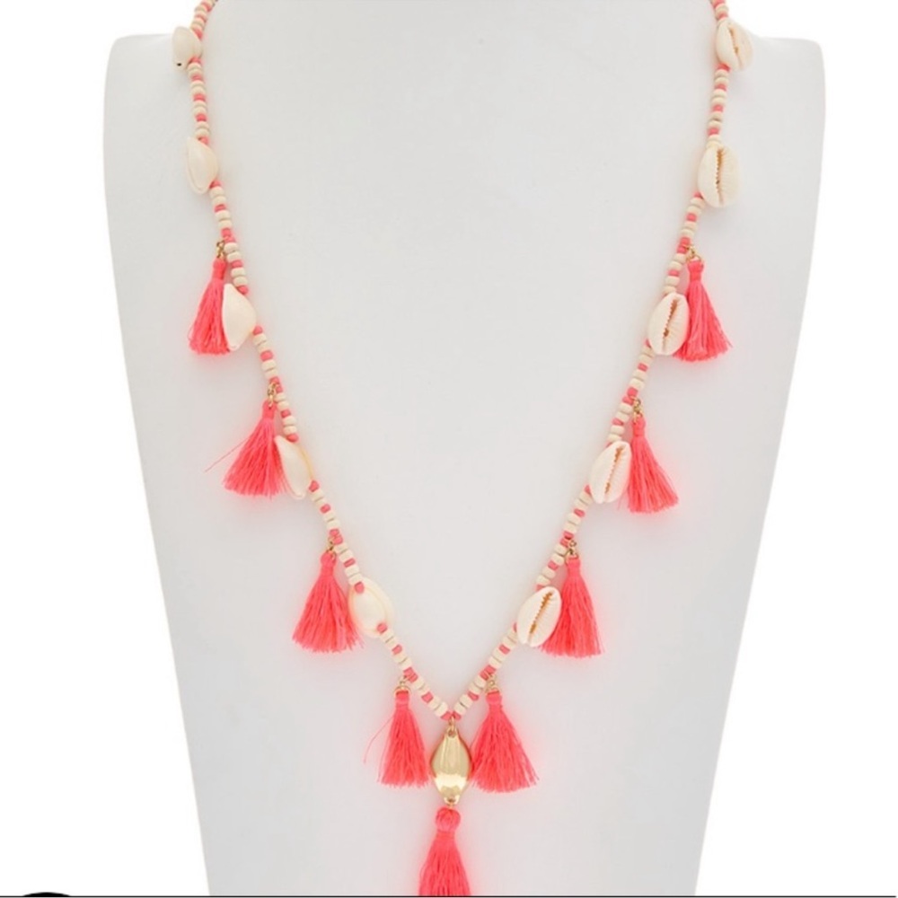 Lilly Pulitzer Tipsea Tassel Shell Fringe Beaded Necklace in Coral